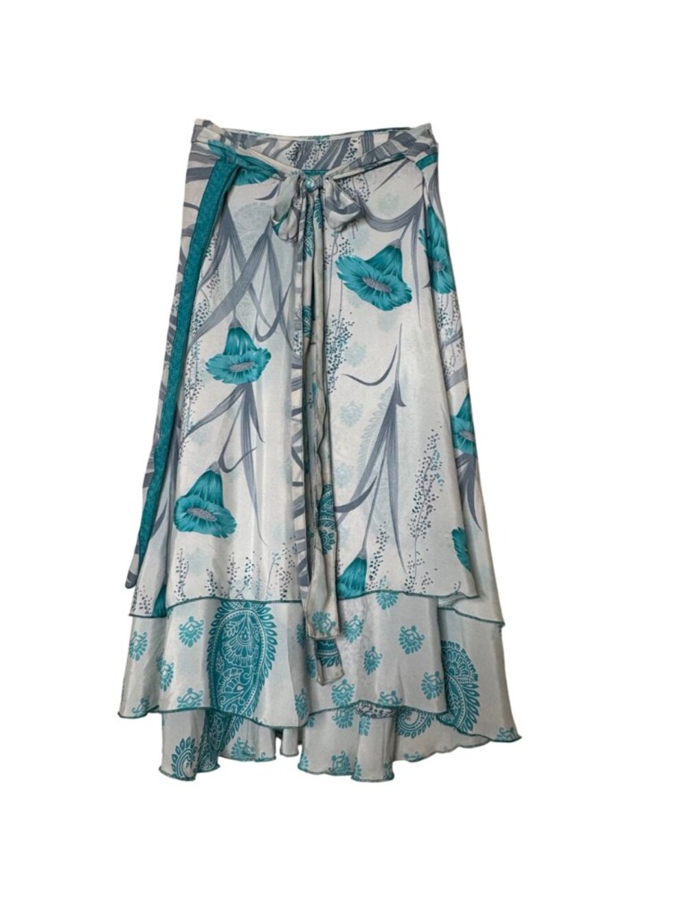 Reversible Silk Magic Wrap Skirt Teal Floral Paisley Boho Festival Beach OS - Picture 3 of 11